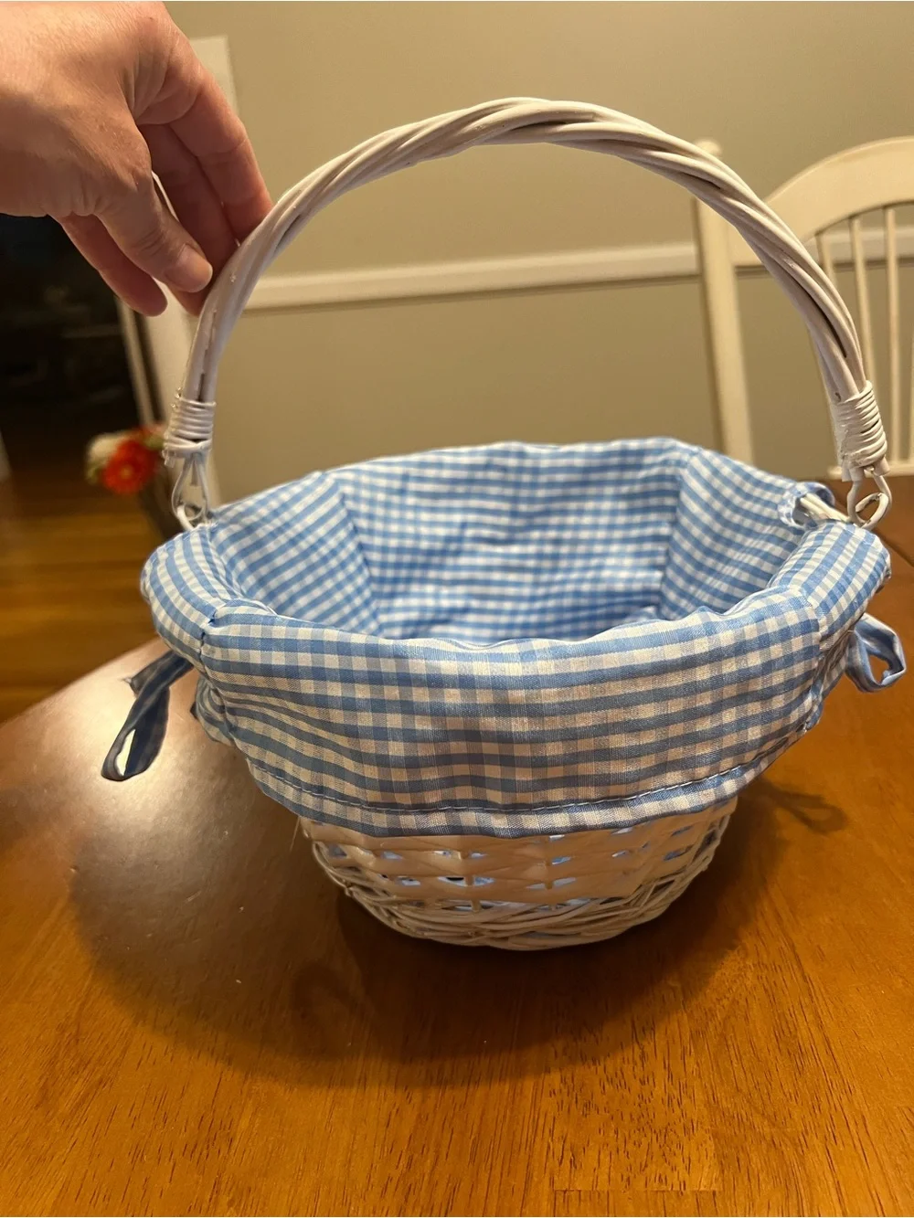 Blue Gingham Wicker Basket with Fabric Liner
